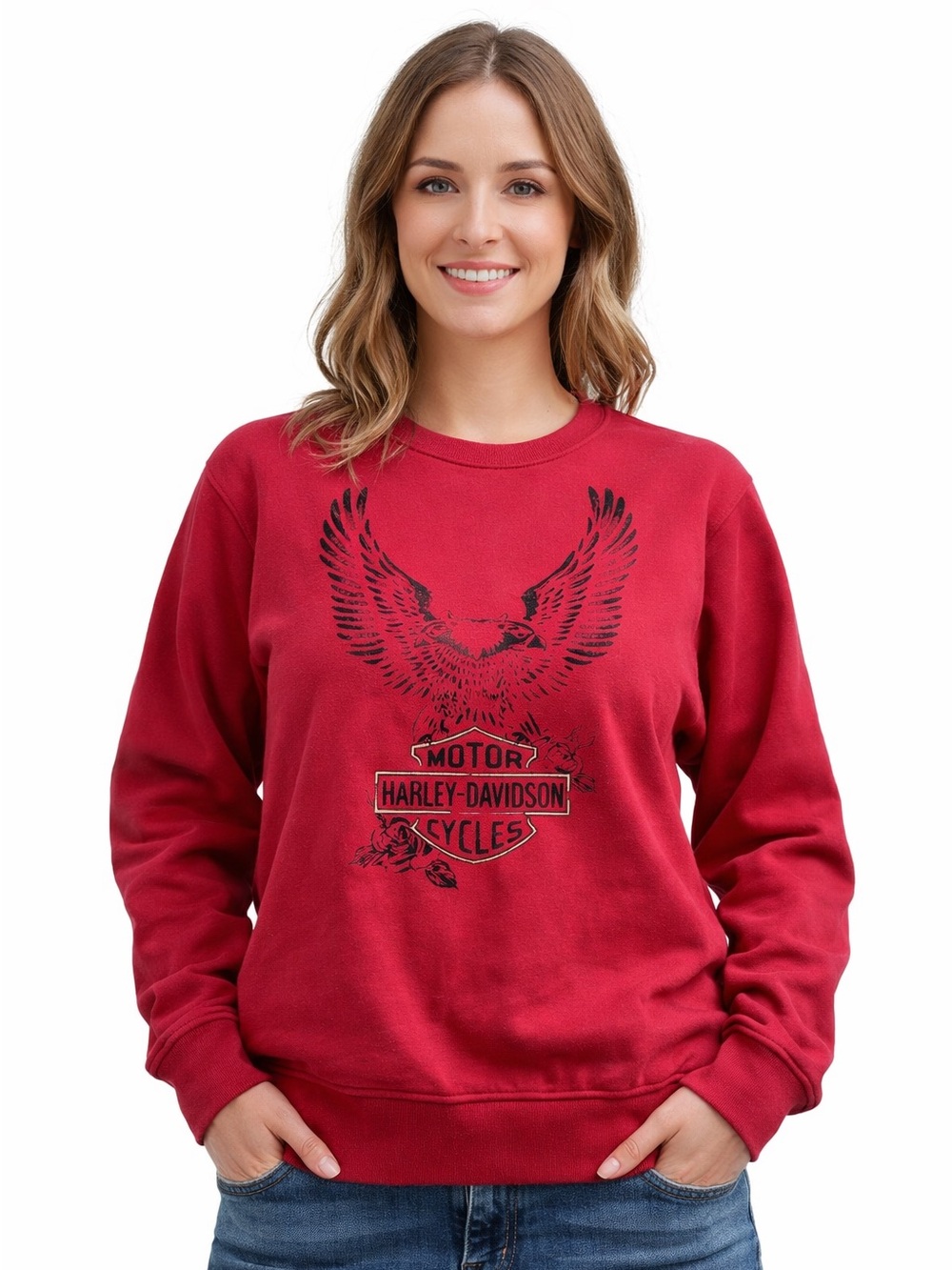 Harley-Davidson Woman’s Cotton Knit Red Eagle Logo Crewneck Sweatshirt